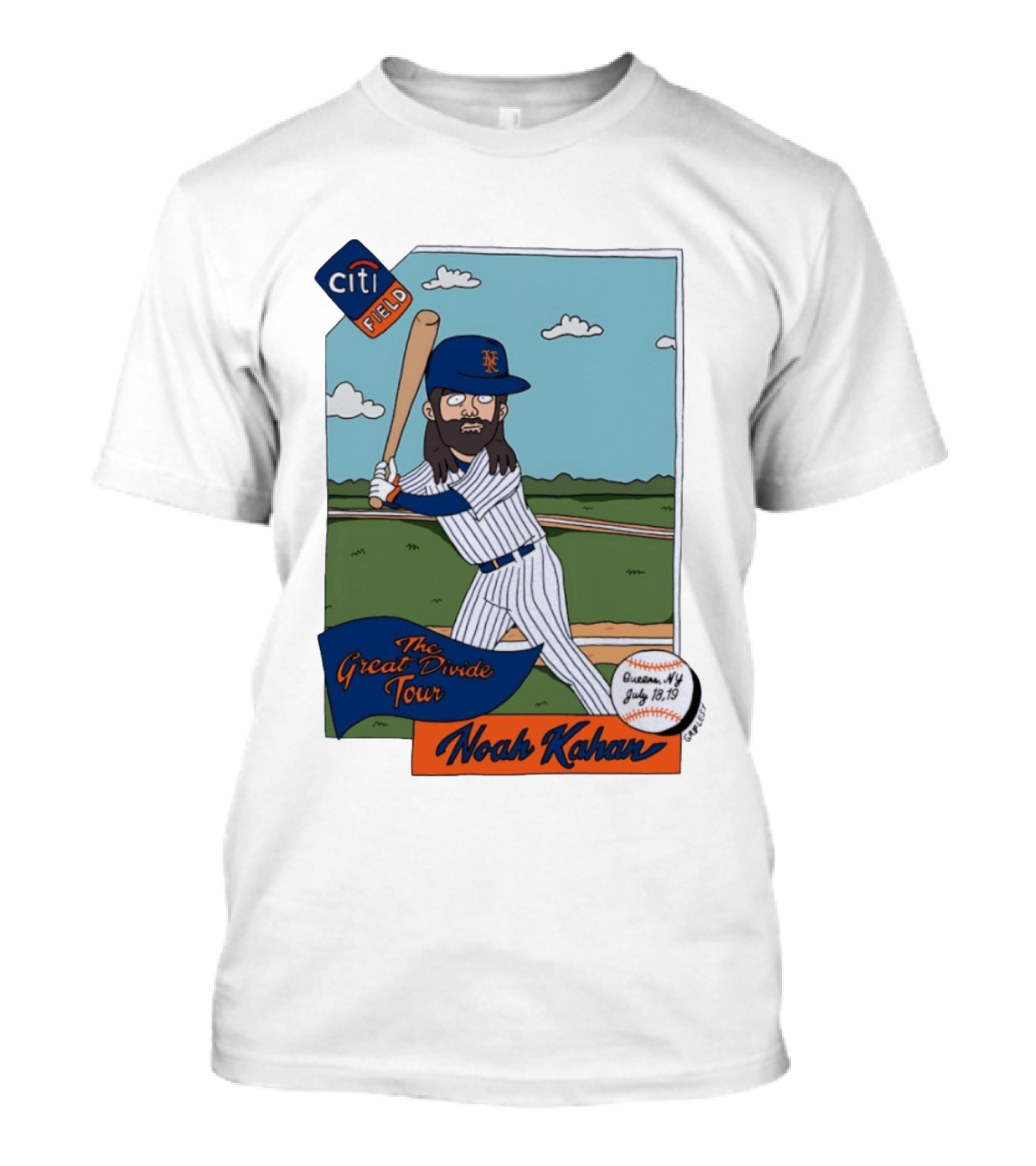 Noah Kahan The Great Divide Tour Citi Field New York Mets Cartoon Baseball July 18 19 T-Shirt