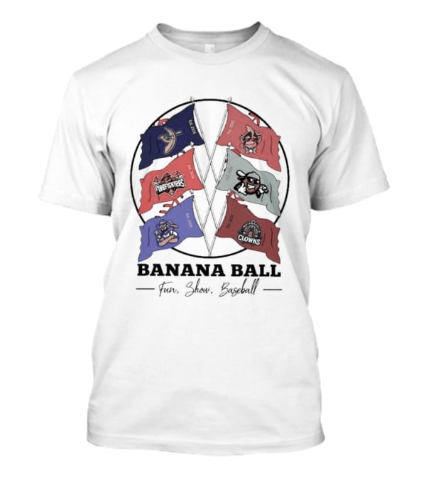 Banana Ball Fun Show Baseball Red And Blue Flags 2026 T-Shirt