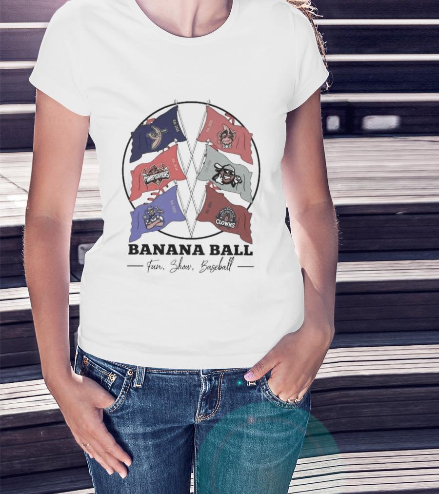 Banana Ball Fun Show Baseball Red And Blue Flags 2026 T-Shirt