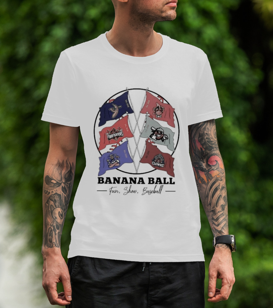Banana Ball Fun Show Baseball Red And Blue Flags 2026 T-Shirt