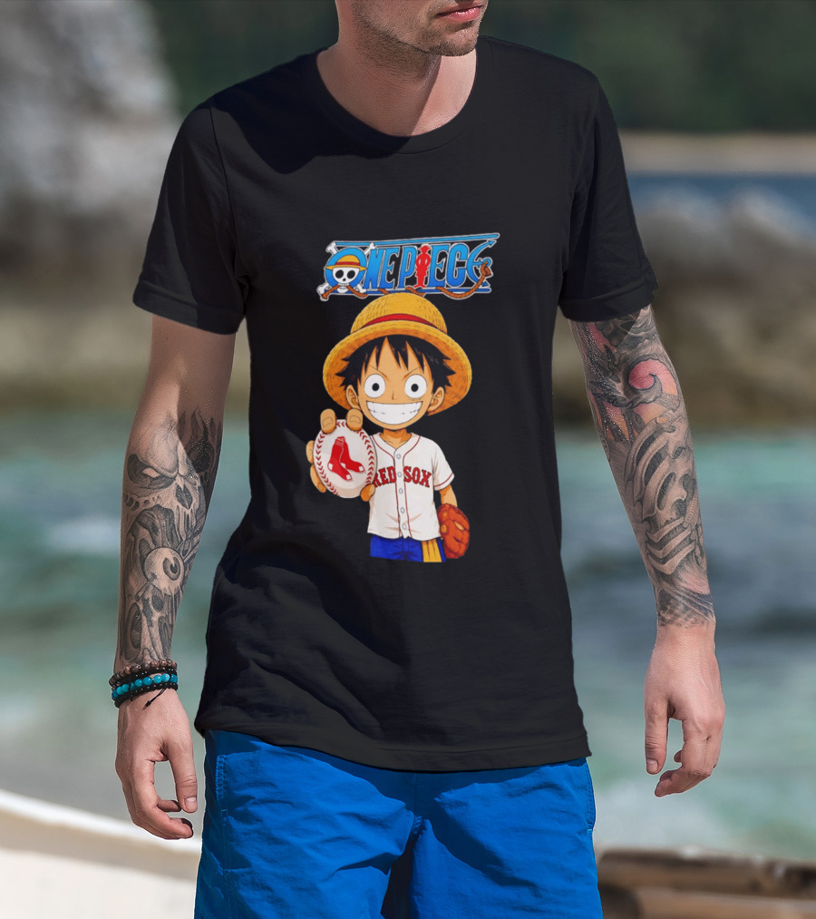 Monkey D. Luffy Red Sox One Piece Crossover Boston Baseball Collaboration T-Shirt