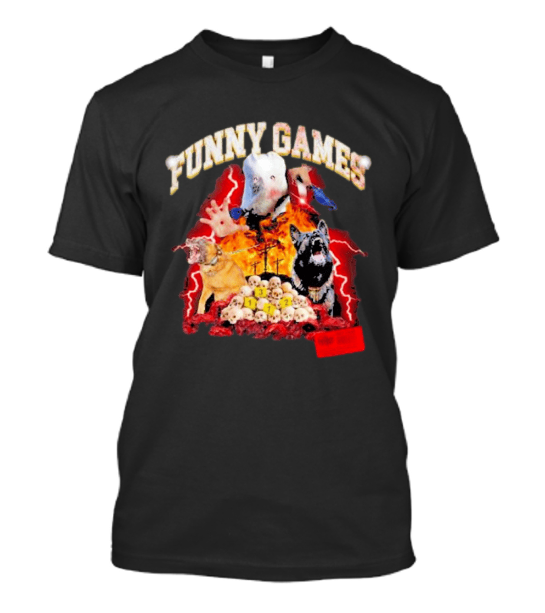 Funny Games Dog Skull Pile Fire Chaos T-Shirt