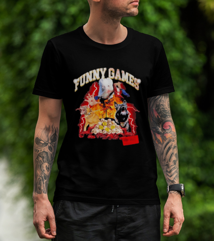 Funny Games Dog Skull Pile Fire Chaos T-Shirt