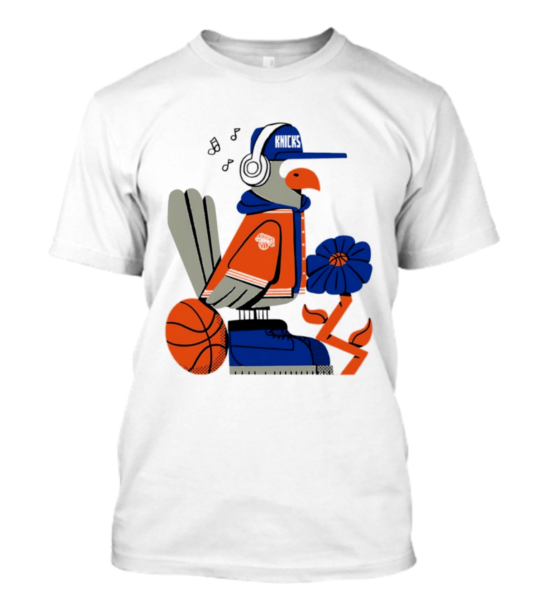 New York Knicks Bird Cap Headphones Basketball Flower T-Shirt