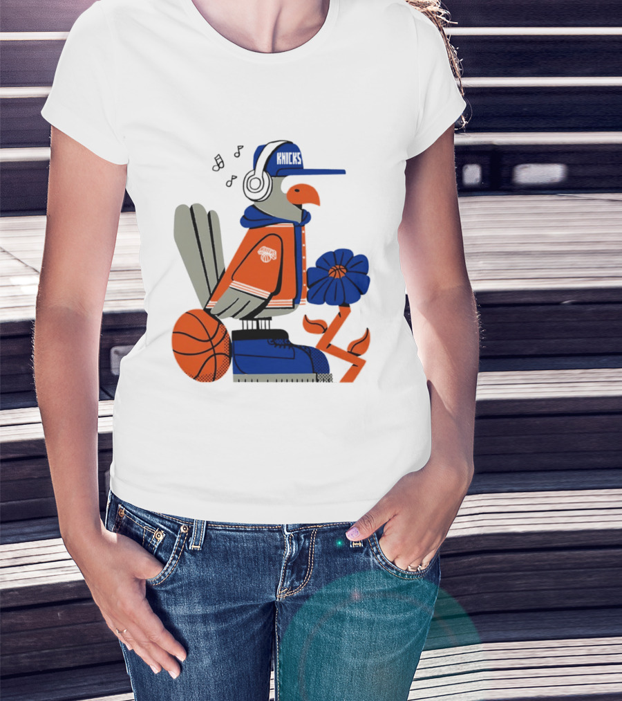 New York Knicks Bird Cap Headphones Basketball Flower T-Shirt