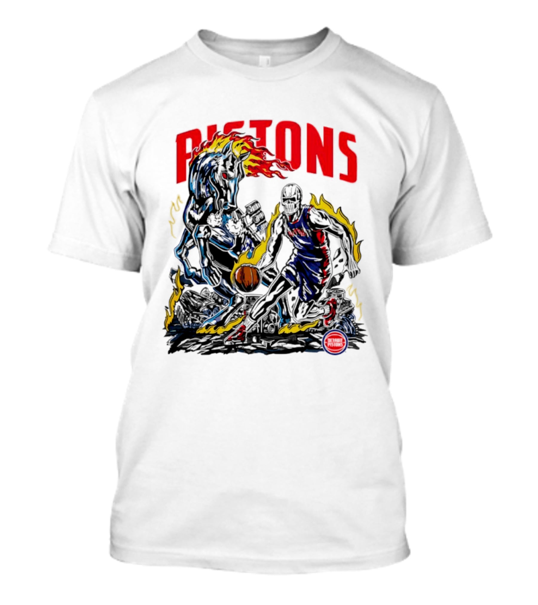 Detroit Pistons Skull Basketball Horse Flames Robot T-Shirt