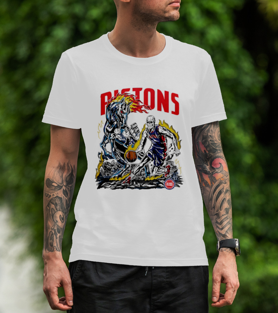Detroit Pistons Skull Basketball Horse Flames Robot T-Shirt