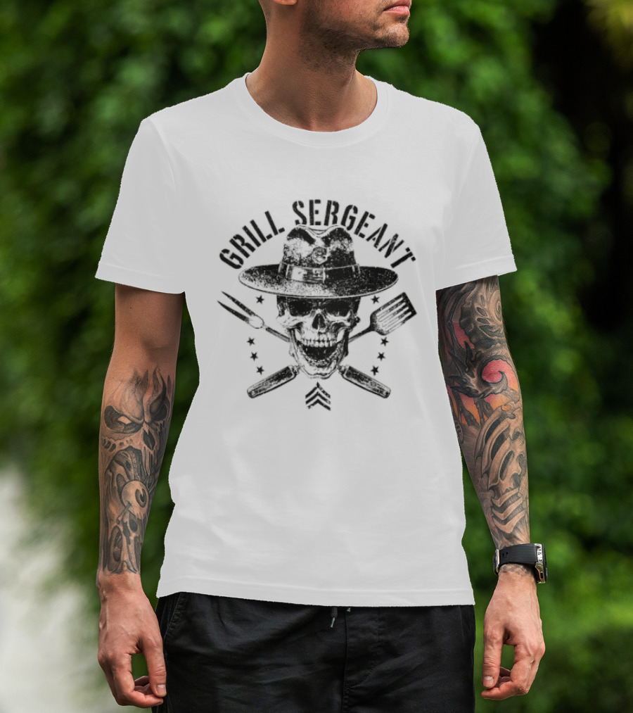 Grill Sergeant Skull Fork Spatula Chef Hat Stars T-Shirt