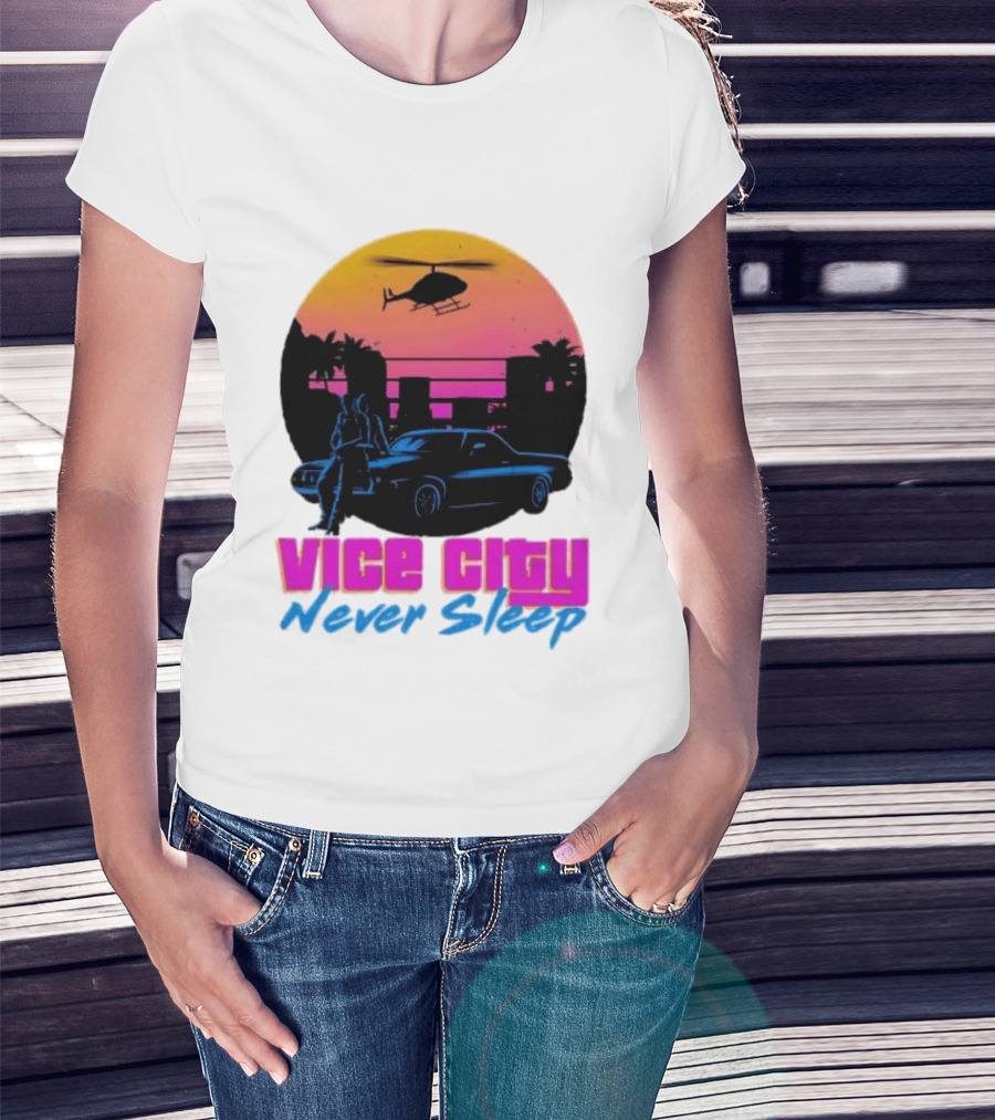 Vice City Never Sleep 80s Sunset Car Helicopter T-Shirt
