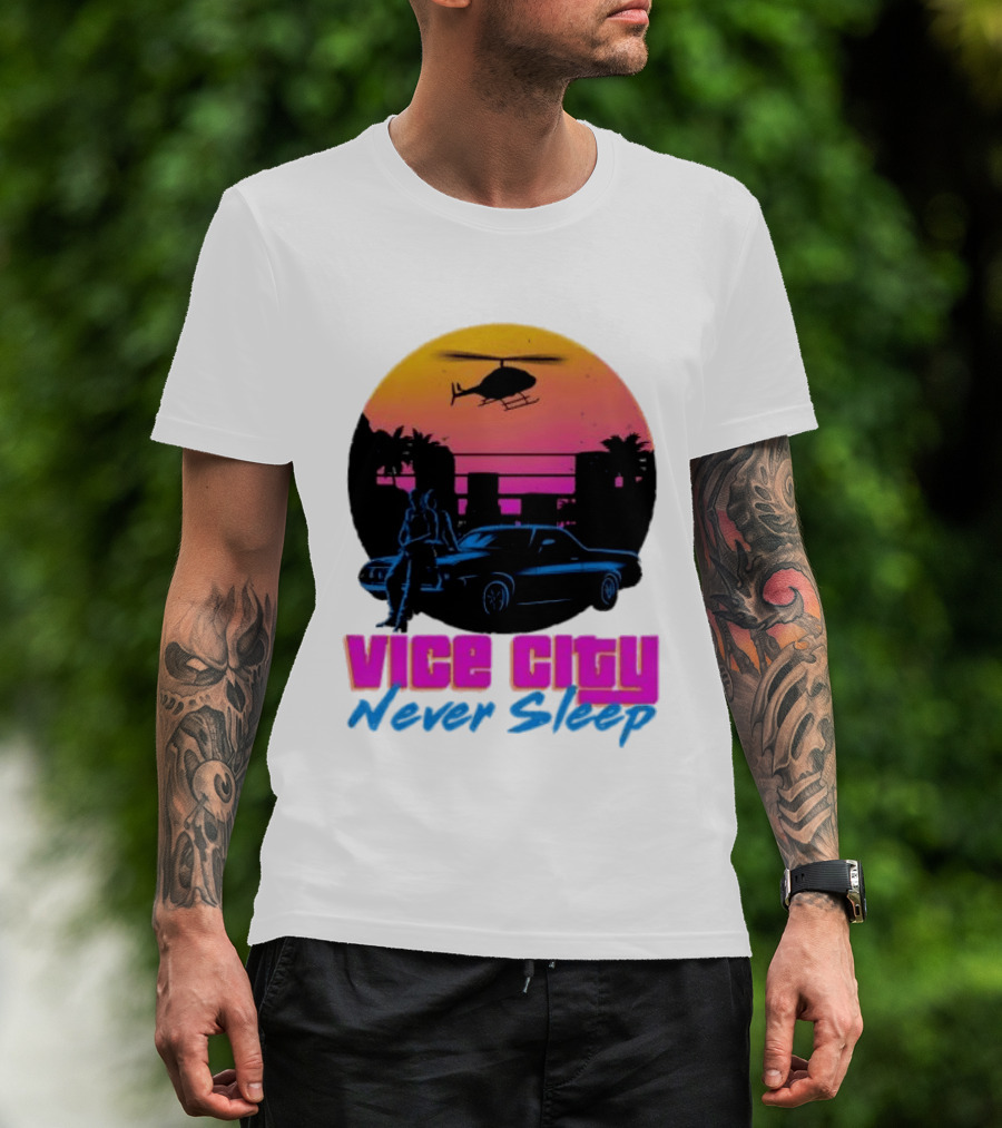 Vice City Never Sleep 80s Sunset Car Helicopter T-Shirt