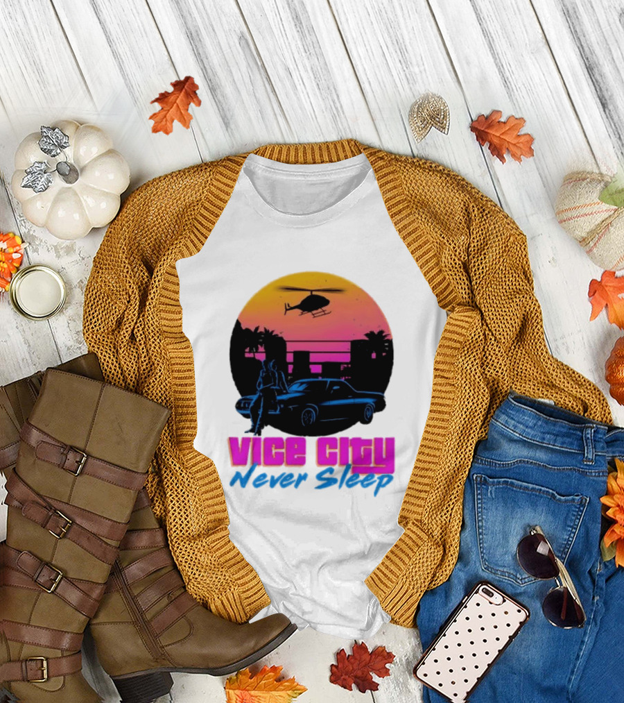 Vice City Never Sleep 80s Sunset Car Helicopter T-Shirt