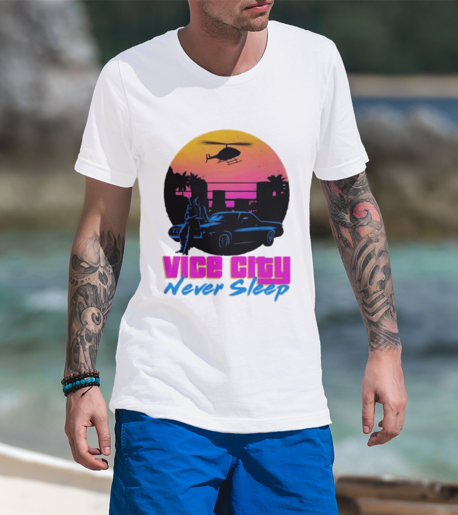 Vice City Never Sleep 80s Sunset Car Helicopter T-Shirt