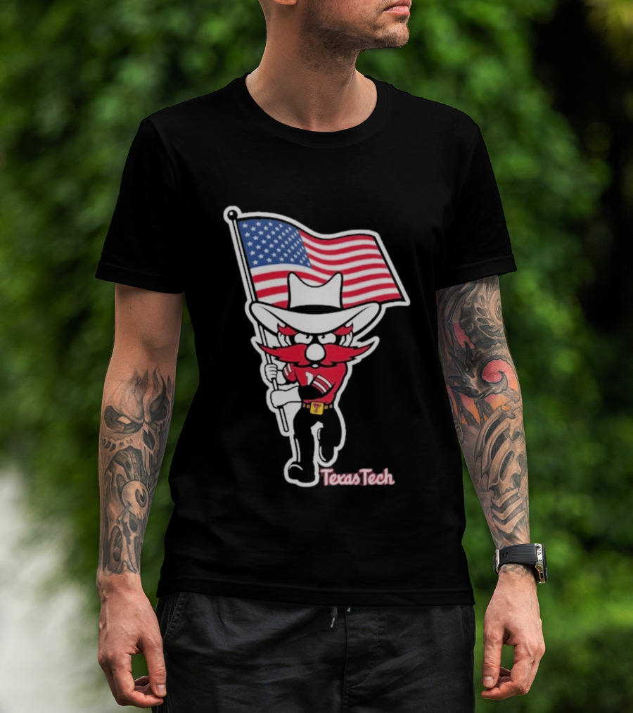 Texas Tech Red Raider Holding American Flag Sticker T-Shirt
