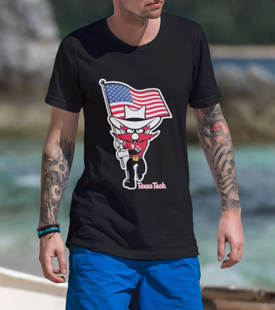 Texas Tech Red Raider Holding American Flag Sticker T-Shirt