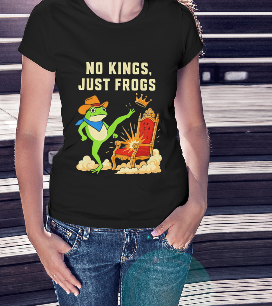 No Kings Just Frogs Portland Cowboy Frog Kicking Crown From Throne T-Shirt