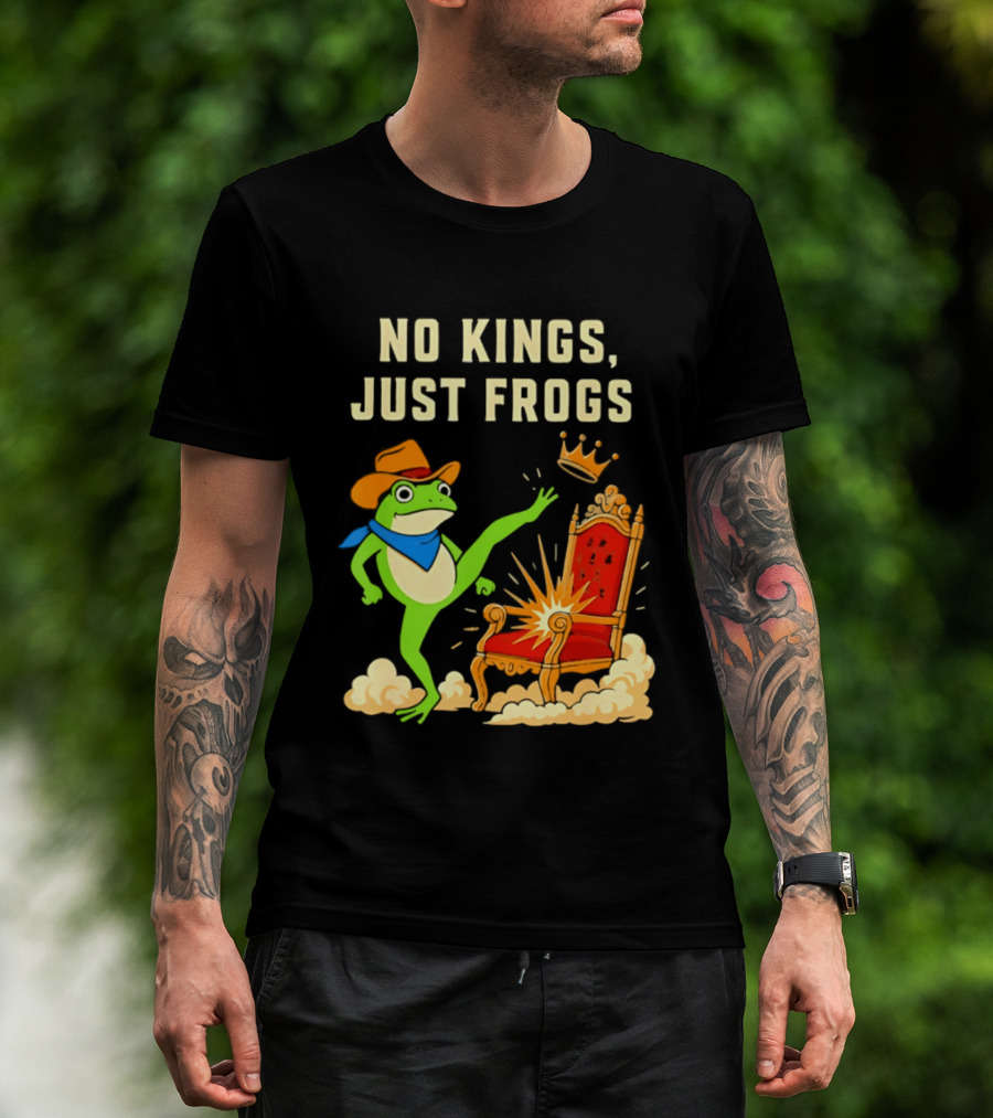 No Kings Just Frogs Portland Cowboy Frog Kicking Crown From Throne T-Shirt