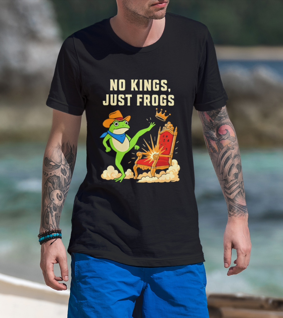 No Kings Just Frogs Portland Cowboy Frog Kicking Crown From Throne T-Shirt