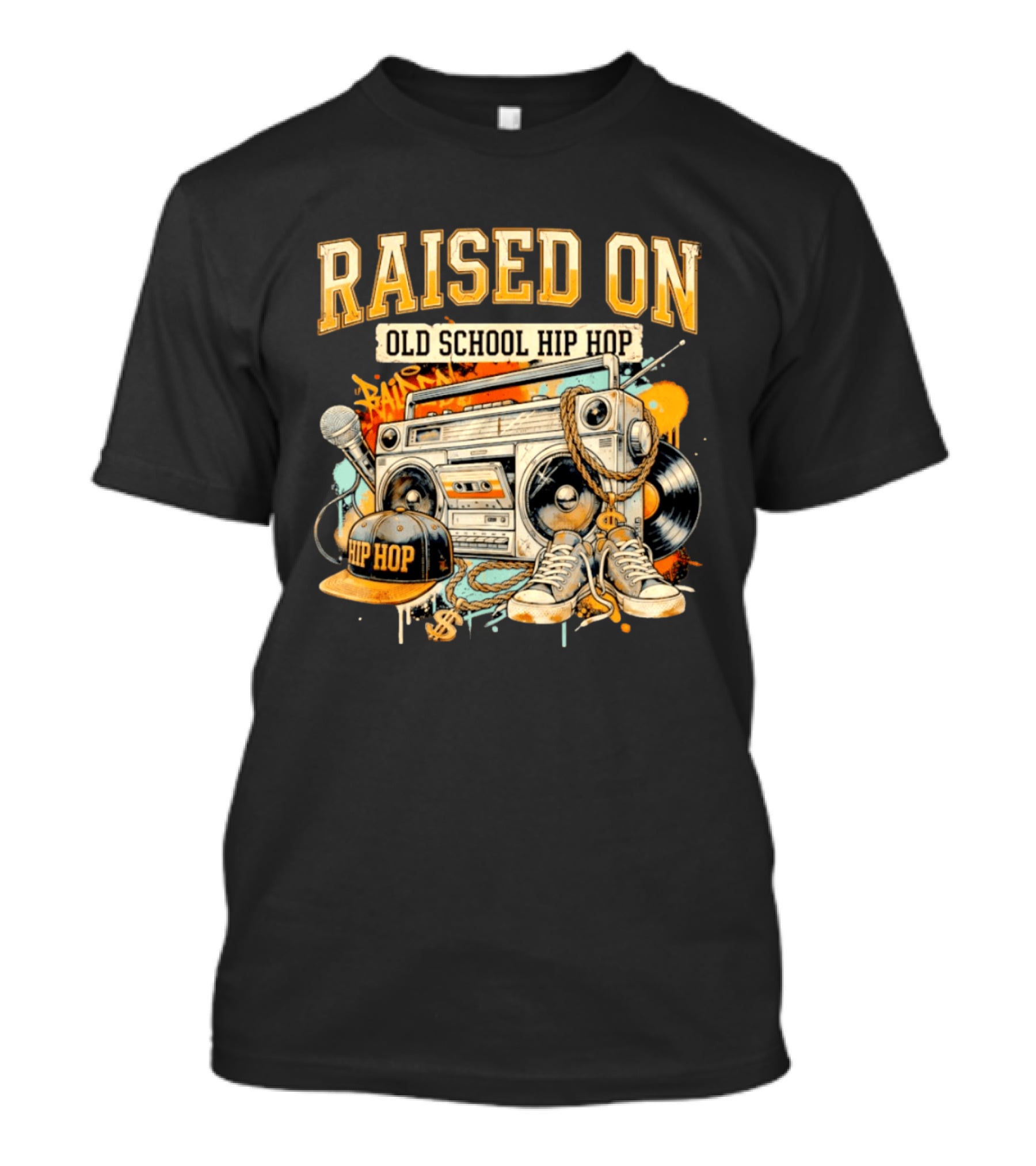 Raised On Old School Hip Hop Boombox Sneakers Microphone Cap Vinyl T-Shirt