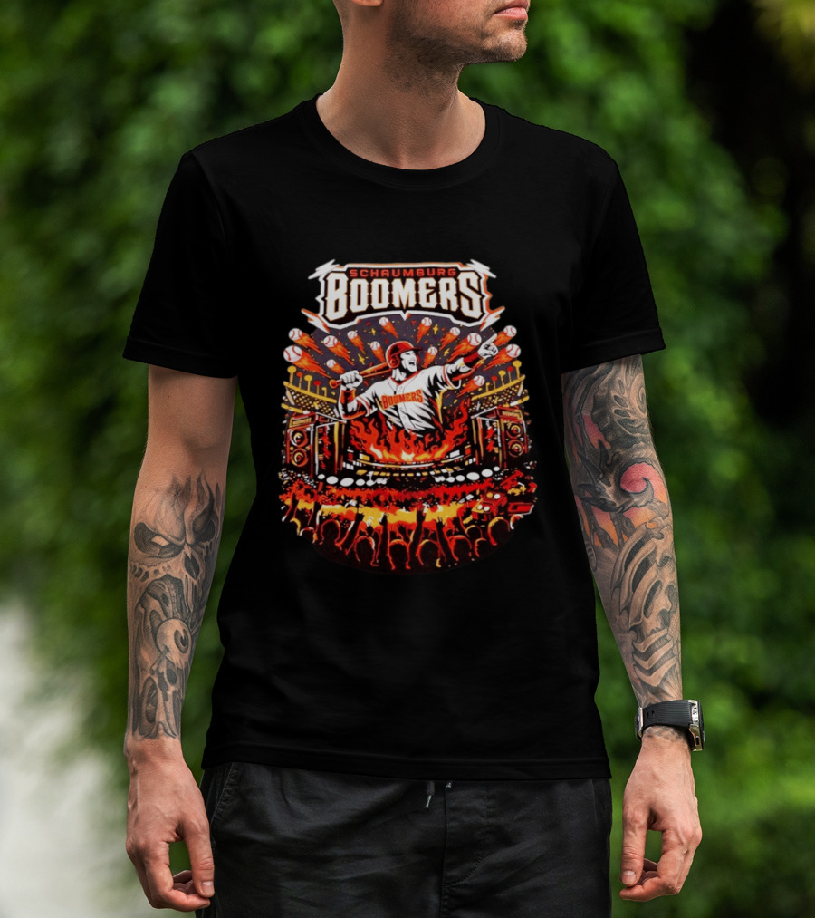 Schaumburg Boomers Flaming Baseball Batter Stadium Fireworks T-Shirt