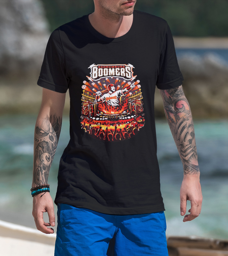 Schaumburg Boomers Flaming Baseball Batter Stadium Fireworks T-Shirt