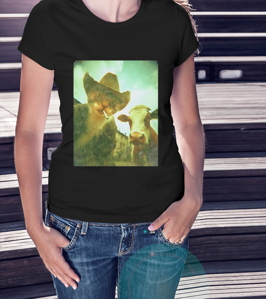 Cowboy Cat Smoking With Cow T-Shirt