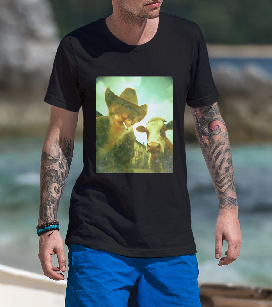 Cowboy Cat Smoking With Cow T-Shirt