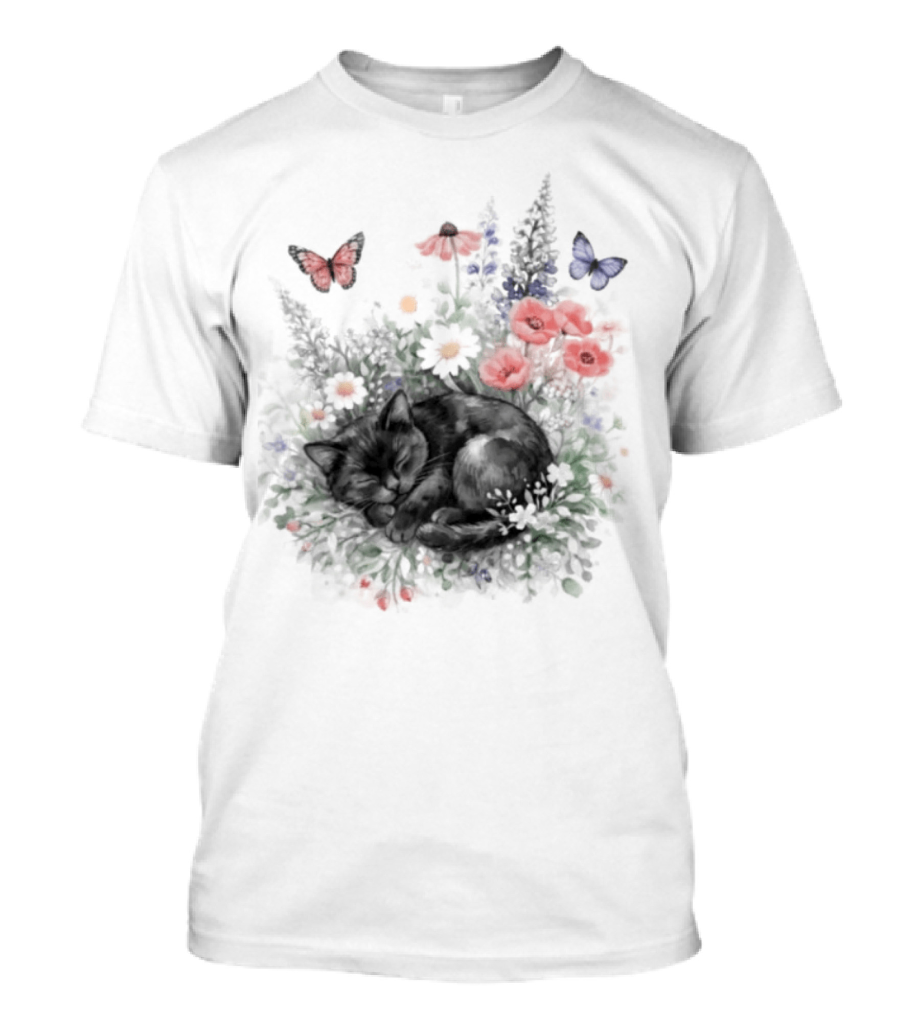 Black Cat Surrounded By Vibrant Flowers And Butterflies T-Shirt