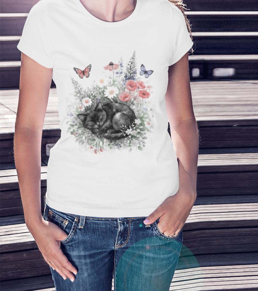 Black Cat Surrounded By Vibrant Flowers And Butterflies T-Shirt