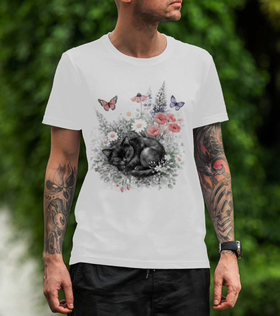 Black Cat Surrounded By Vibrant Flowers And Butterflies T-Shirt