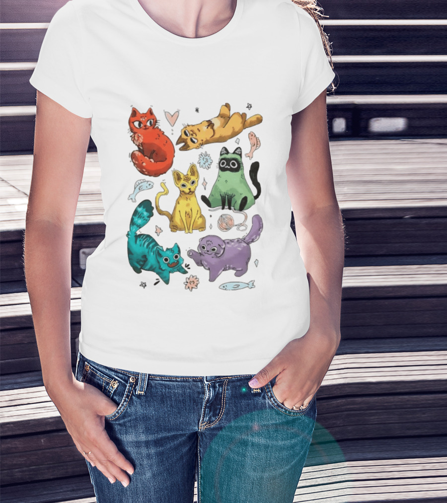 Whimsical Colorful Cats And Rainbow Hearts Collage T-Shirt
