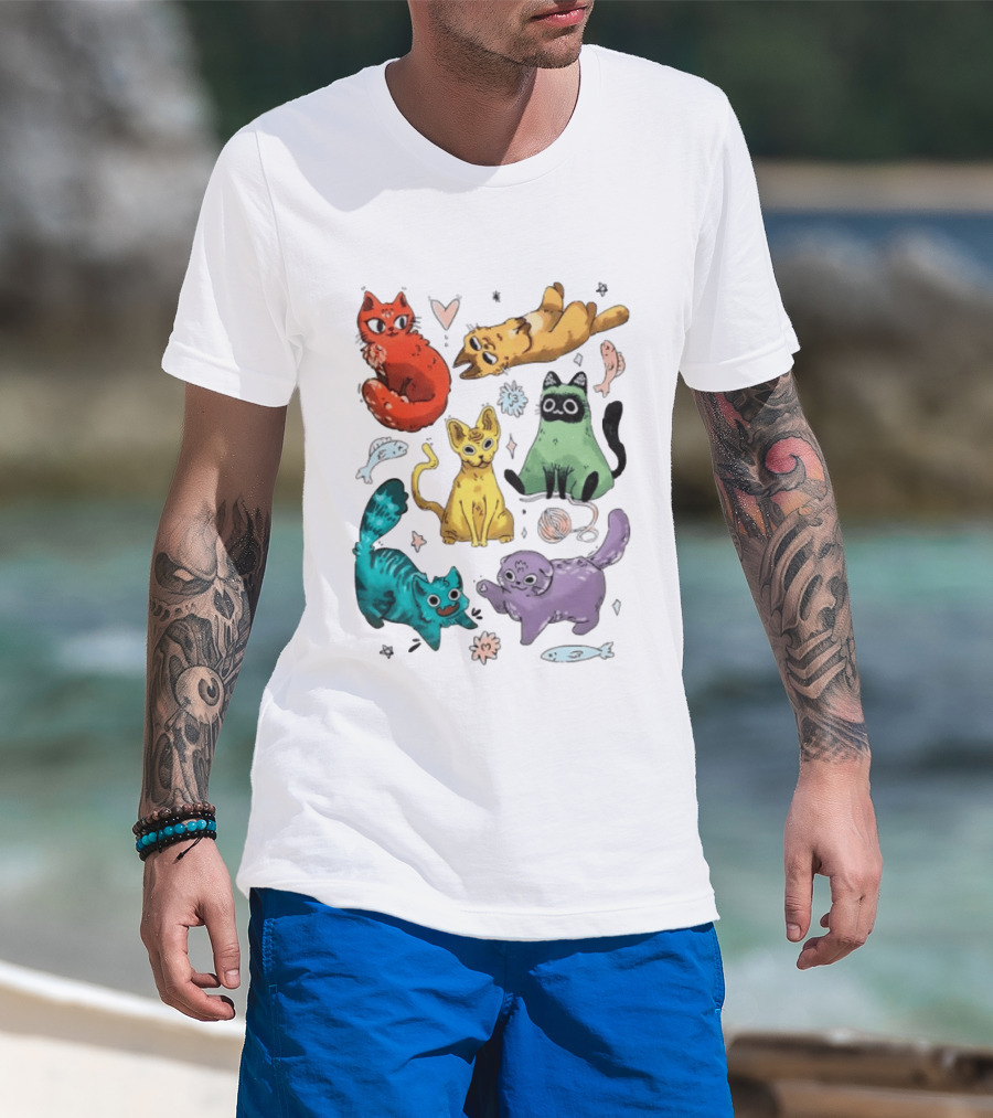 Whimsical Colorful Cats And Rainbow Hearts Collage T-Shirt