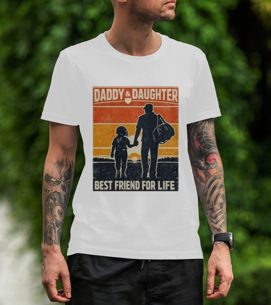 Daddy & Daughter Best Friend For Life Baseball Softball Silhouette Retro Sunset T-Shirt