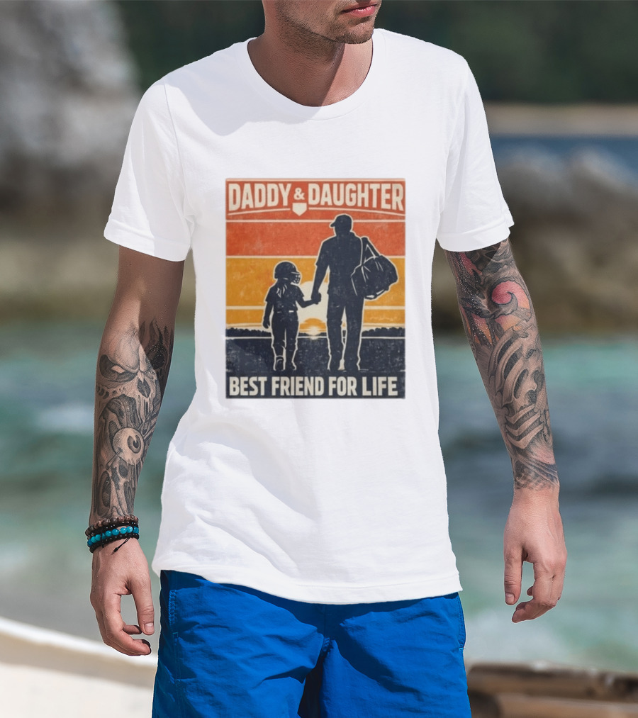 Daddy & Daughter Best Friend For Life Baseball Softball Silhouette Retro Sunset T-Shirt