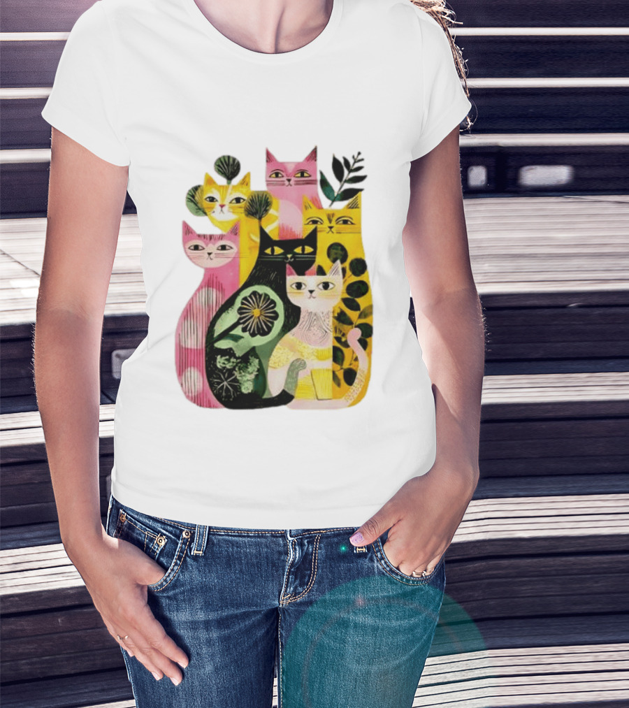 Vibrant Stylized Cats Botanical Foliage Whimsical T-Shirt