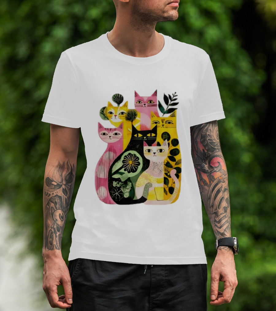 Vibrant Stylized Cats Botanical Foliage Whimsical T-Shirt
