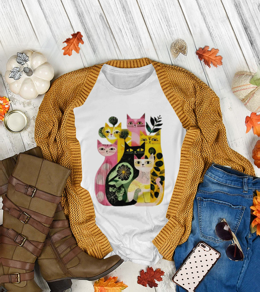 Vibrant Stylized Cats Botanical Foliage Whimsical T-Shirt