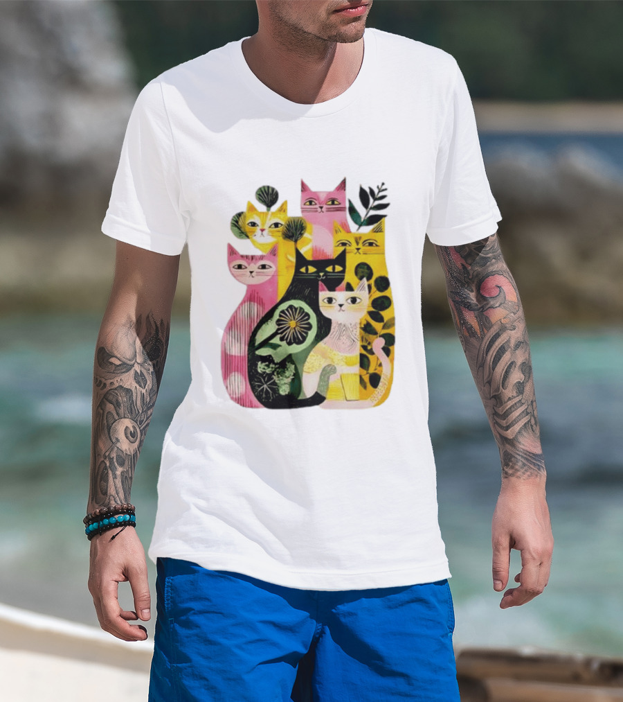 Vibrant Stylized Cats Botanical Foliage Whimsical T-Shirt