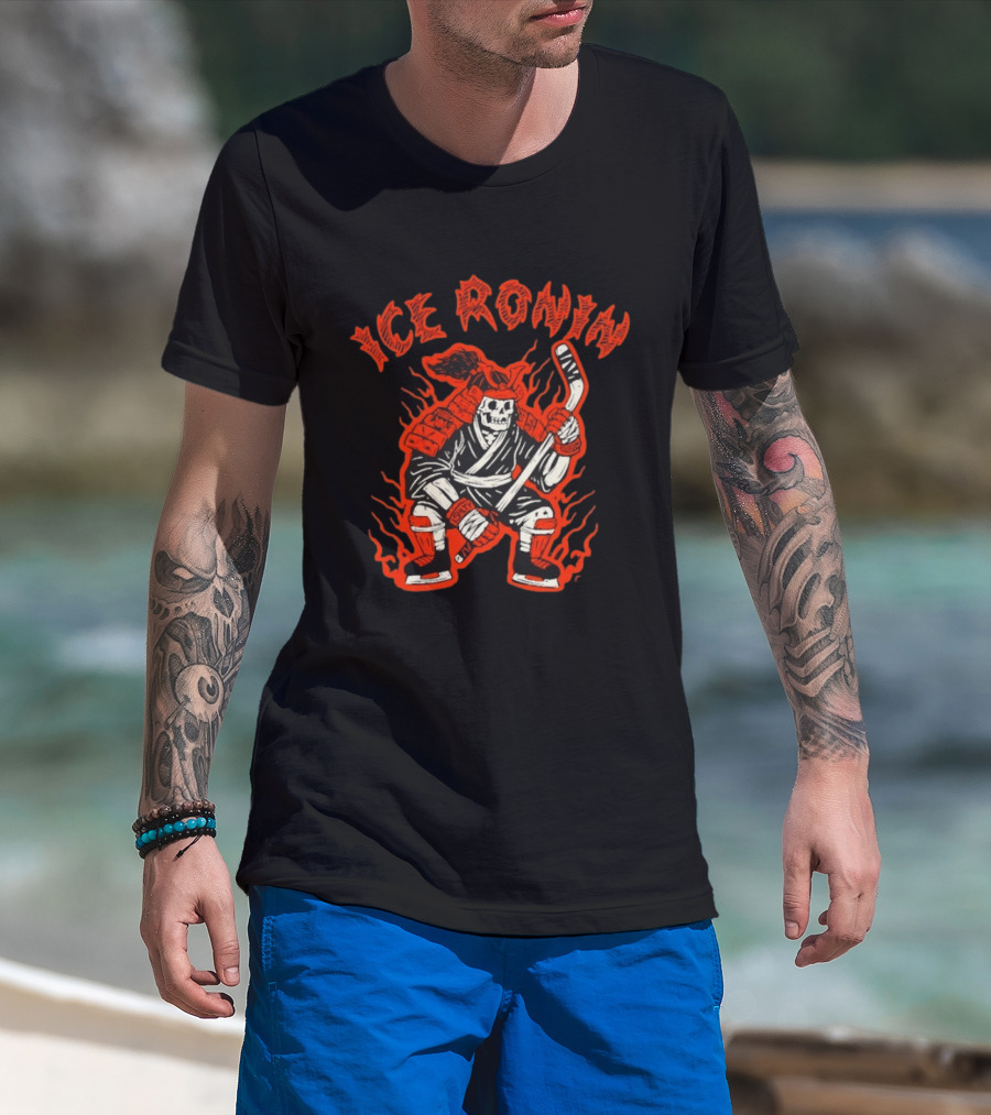Ice Ronin Samurai Skull Hockey Stick Flames T-Shirt