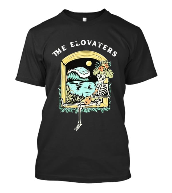 The Elovaters Endless Summer Skeleton Surfing Ukulele Moonlight Scene T-Shirt