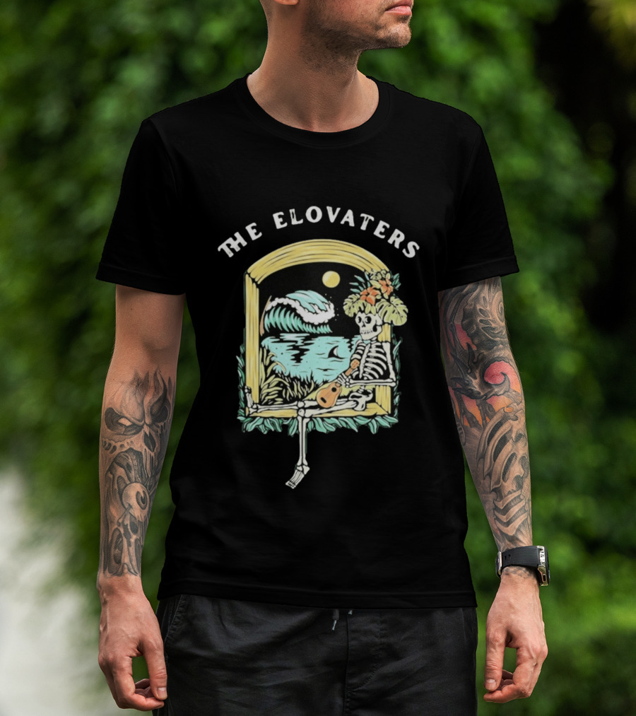 The Elovaters Endless Summer Skeleton Surfing Ukulele Moonlight Scene T-Shirt