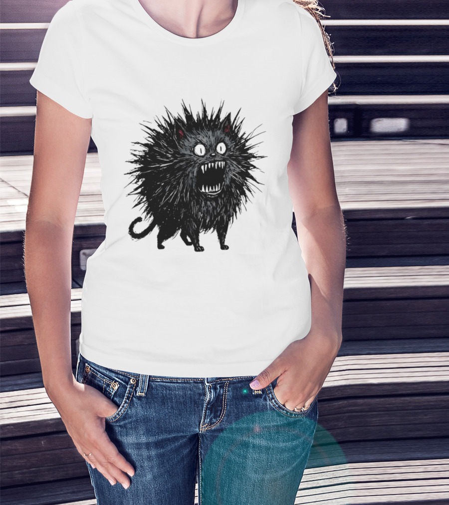 Angry Spiky Black Cat Meme Wild Expression T-Shirt