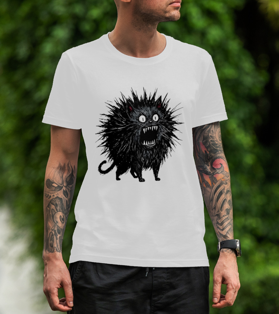Angry Spiky Black Cat Meme Wild Expression T-Shirt