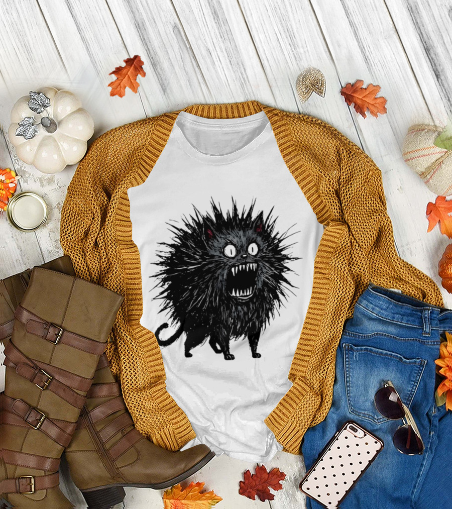 Angry Spiky Black Cat Meme Wild Expression T-Shirt