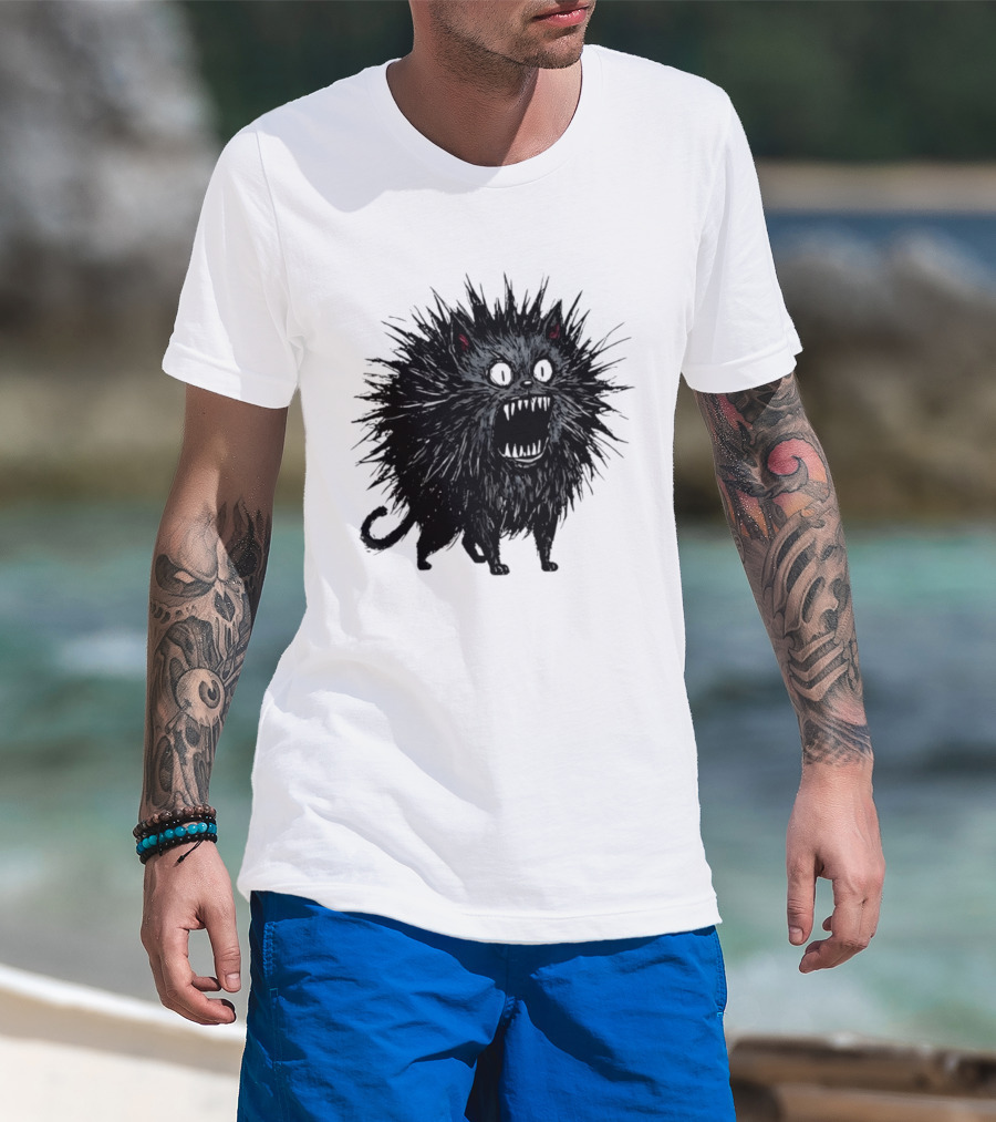 Angry Spiky Black Cat Meme Wild Expression T-Shirt
