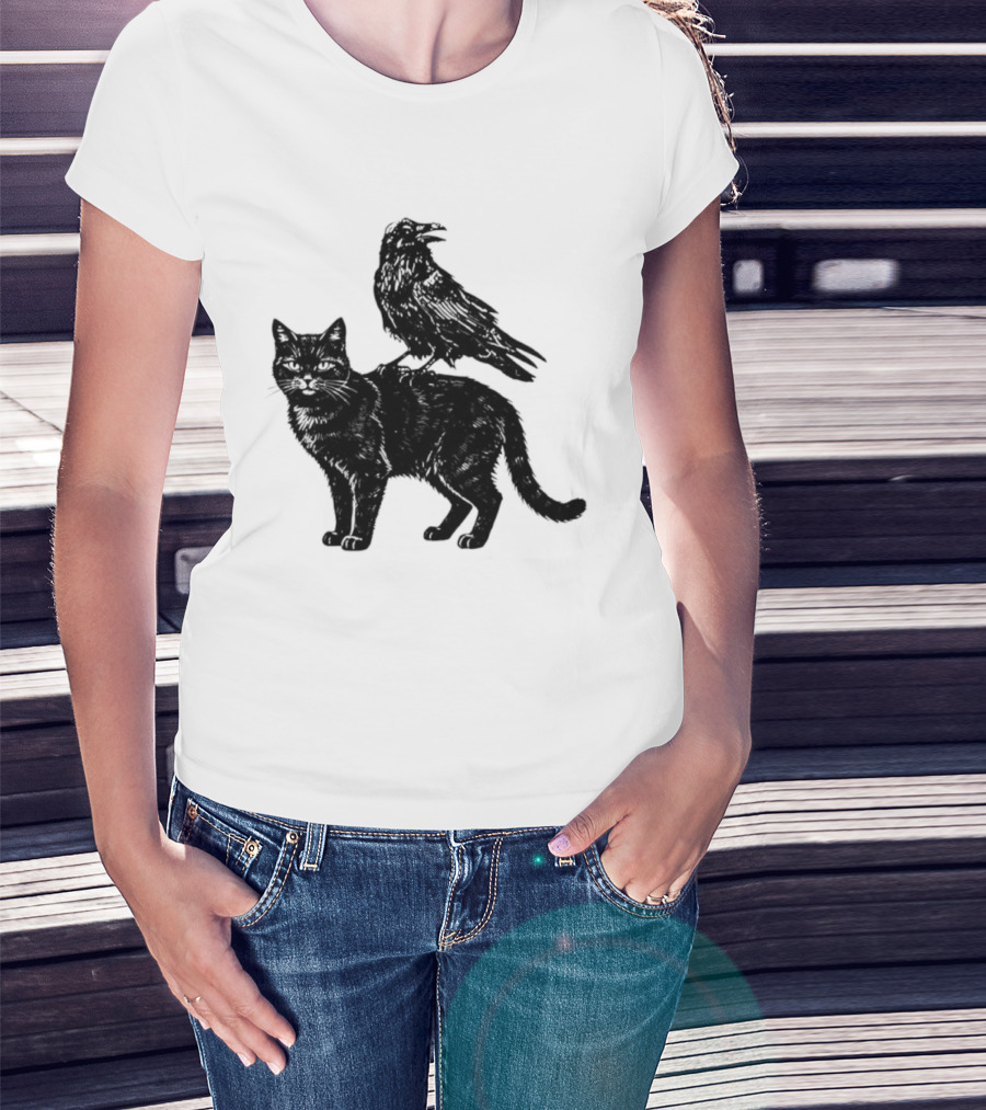 Black Cat And Raven Silhouette Duo T-Shirt
