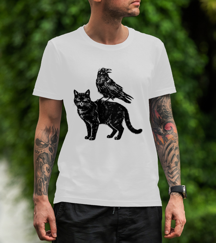 Black Cat And Raven Silhouette Duo T-Shirt