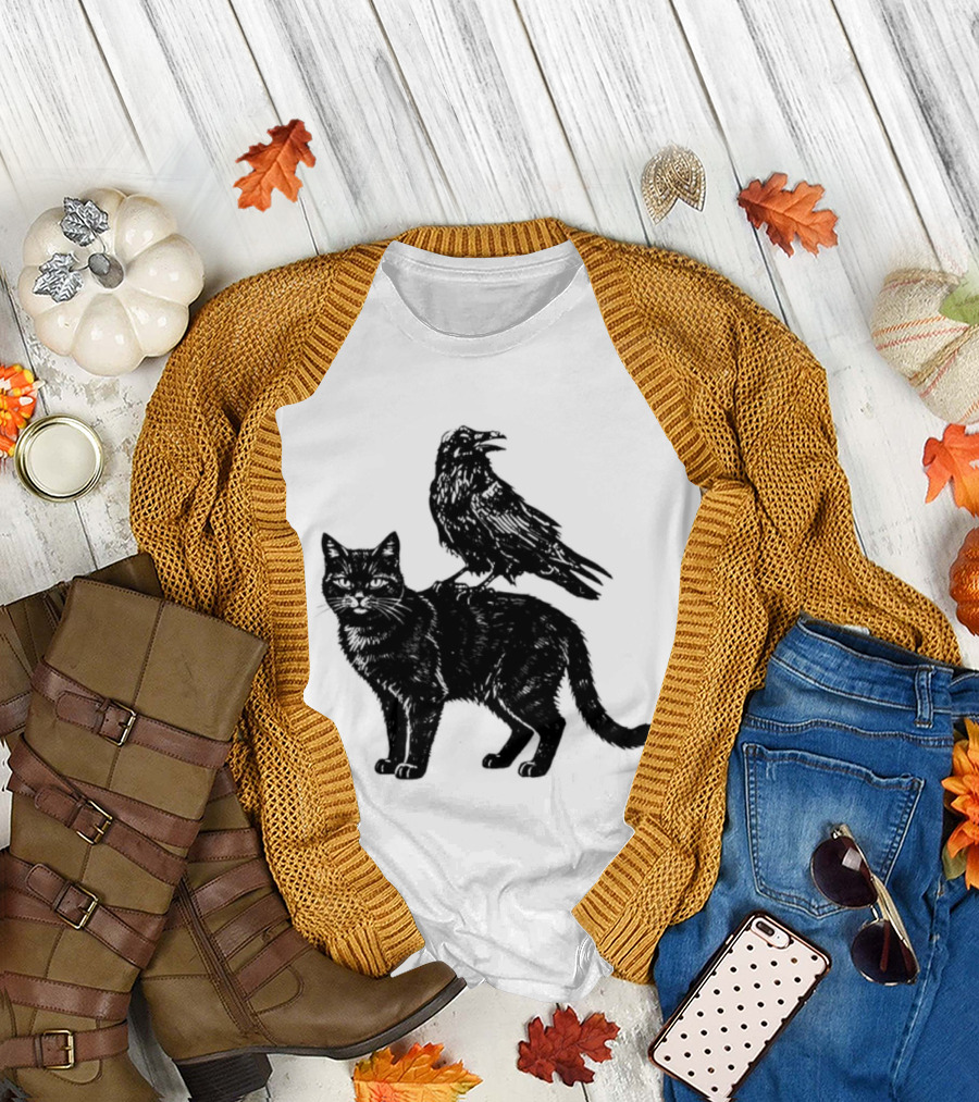 Black Cat And Raven Silhouette Duo T-Shirt