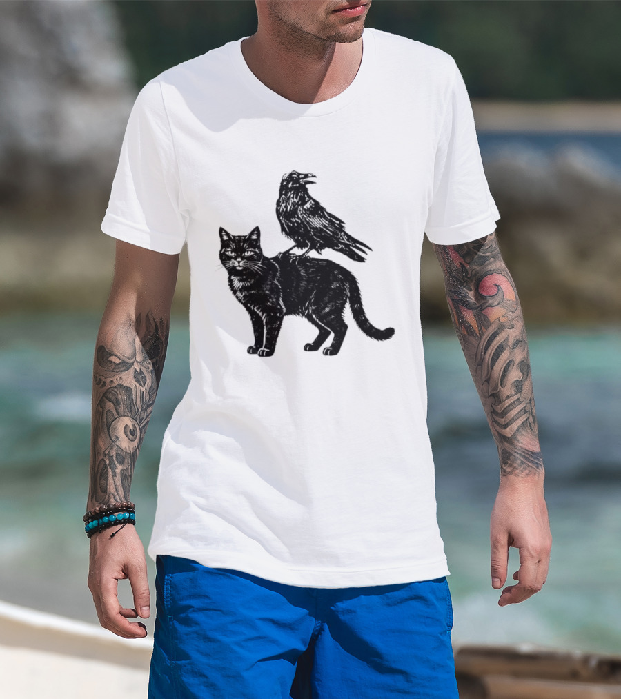 Black Cat And Raven Silhouette Duo T-Shirt