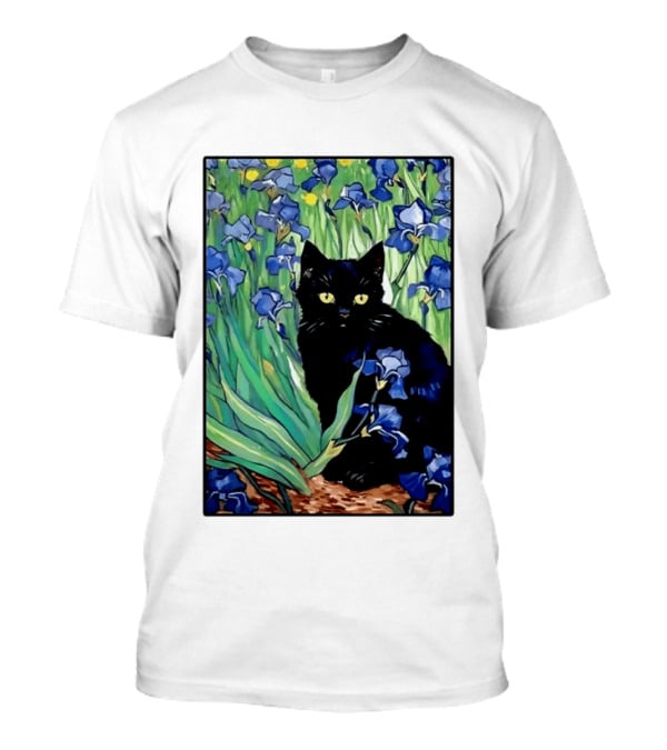 Black Cat With Van Gogh Irises Painting T-Shirt