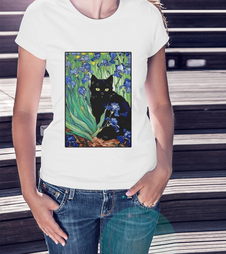 Black Cat With Van Gogh Irises Painting T-Shirt